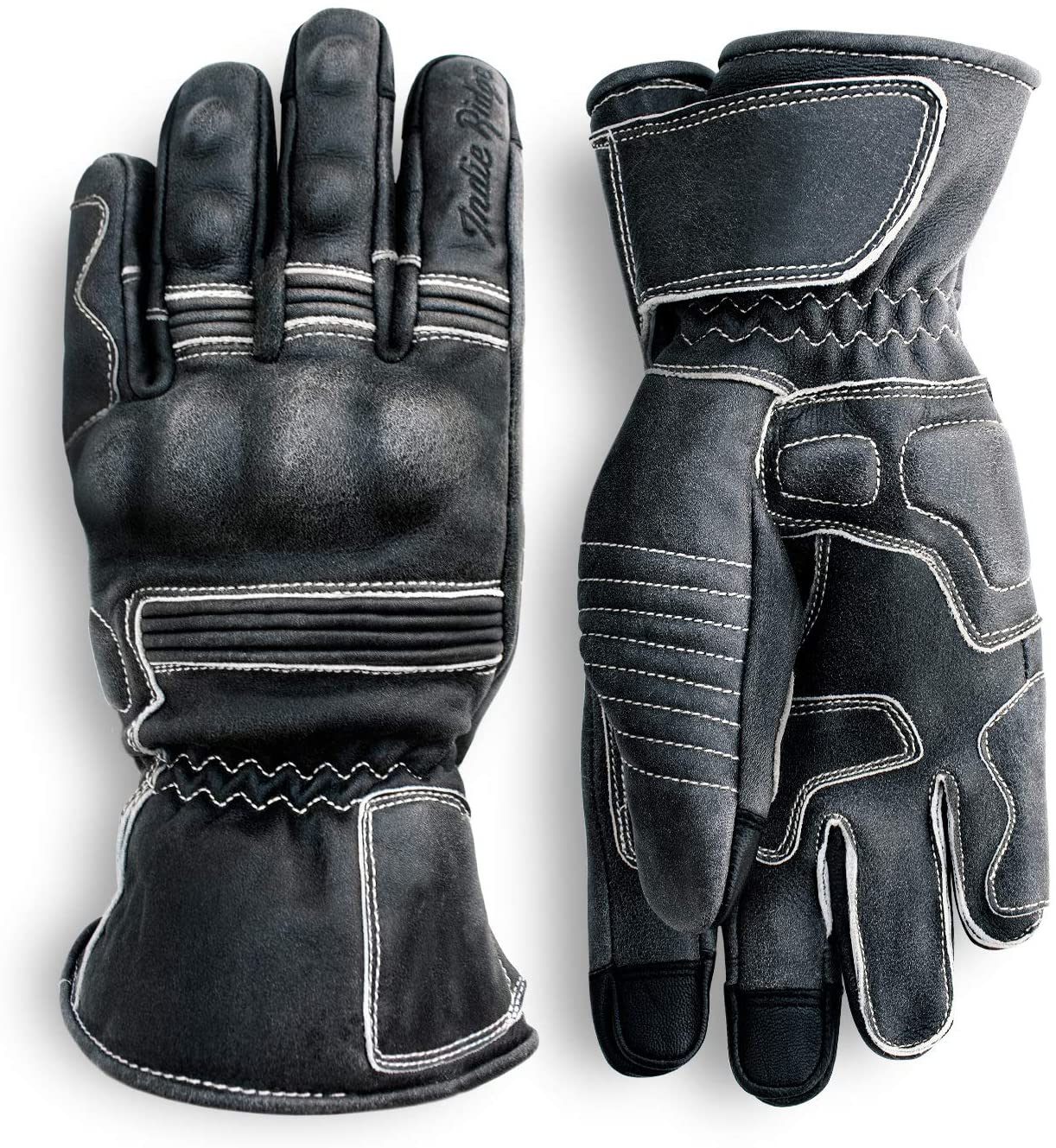 Pre-Weathered Premium Leather Motorcycle Gloves (Black) Cool, Comfortable Riding Protection, Cafe Racer, Full Gauntlet with Mobile Touch Screen (Large)